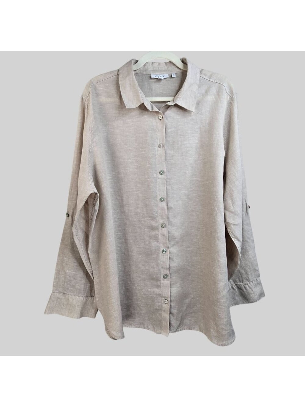 Chico's 100% Linen Button Up Top XL Tan Long Sleeve Relaxed Beach Coastal Shirt